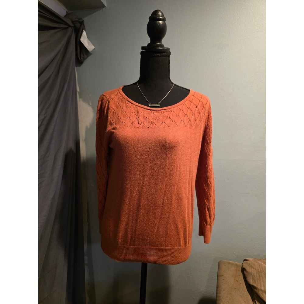 LOFT Ann Taylor Rust Orange Pointelle Knit Sweater Diamond Yoke Scoop Neck Small